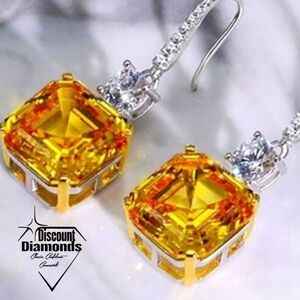 2 Ct. Asscher Cut Yellow Sapphire White Baguette Diamond Earrings on 925 Silver